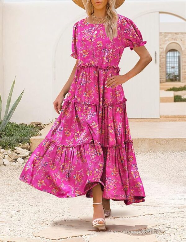 YESNO Summer Casual Bohemian Floral Dresses for Women Puff Short Sleeve Long Maxi Dress with Pockets ETX - Image 3