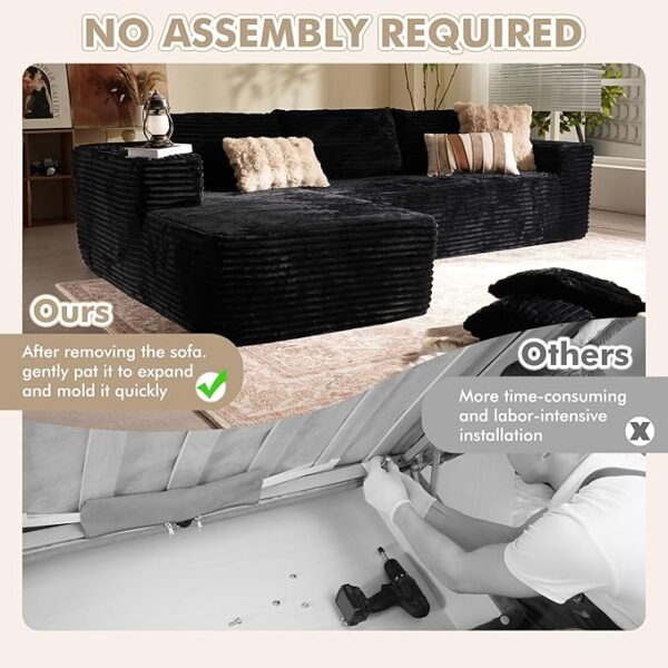 106" Cloud Sectional Couch with Chaise Lounge,L Shaped Modular Modern Sofa,Comfy Corduroy Fluffy Sofa with Deep Seat,No Assembly Required Couch for Living Room(Left,Plush Corduroy,Black) - Image 5