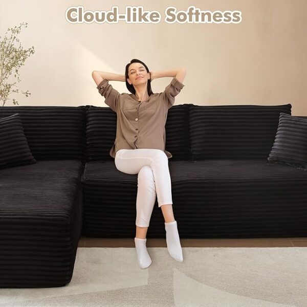 106" Cloud Sectional Couch with Chaise Lounge,L Shaped Modular Modern Sofa,Comfy Corduroy Fluffy Sofa with Deep Seat,No Assembly Required Couch for Living Room(Left,Plush Corduroy,Black) - Image 7