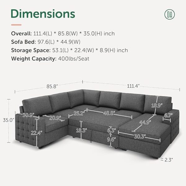 HONBAY Sectional Sleeper Sofa with Pull Out Bed U-shape Sectional Couch Sleeper Bed with Storage Chaise Lounge Living Room 6 Seater Sectional Sofa Bed, Light Grey, 111.4''(L)*85.8''(W)*35''(H) - Image 4