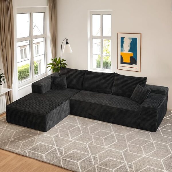 106" Cloud Sectional Couch with Chaise Lounge,L Shaped Modular Modern Sofa,Comfy Corduroy Fluffy Sofa with Deep Seat,No Assembly Required Couch for Living Room(Left,Plush Corduroy,Black) - Image 4