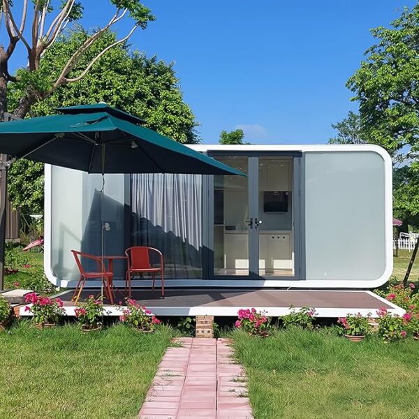 Luxury modern prefab cabin - 19ft mobile capsule with bedroom, kitchen and bathroom, storm resistant prefab cabin -15 typhoon and 10 earthquake proof mobile cabin for travel and outdoor living