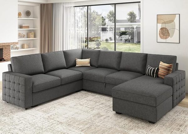 HONBAY Sectional Sleeper Sofa with Pull Out Bed U-shape Sectional Couch Sleeper Bed with Storage Chaise Lounge Living Room 6 Seater Sectional Sofa Bed, Light Grey, 111.4''(L)*85.8''(W)*35''(H)