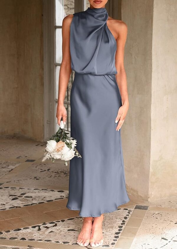 PRETTYGARDEN Women's 2025 Summer Satin Dress Elegant Sleeveless Mock Neck Cocktail Party Maxi Dresses - Image 3