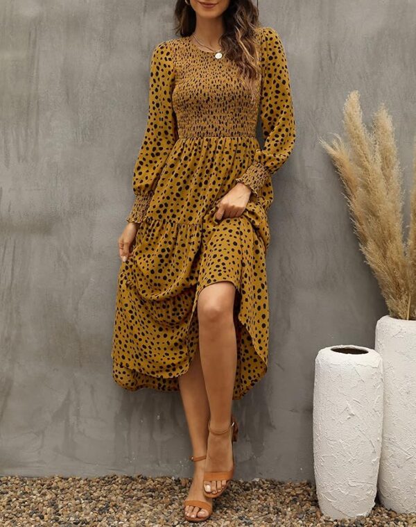 Zattcas Womens Fall Dresses 2025 Casual Long Sleeve Smocked Boho Floral Tiered Midi Wedding Guest Dress with Pockets - Image 4