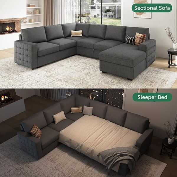 HONBAY Sectional Sleeper Sofa with Pull Out Bed U-shape Sectional Couch Sleeper Bed with Storage Chaise Lounge Living Room 6 Seater Sectional Sofa Bed, Light Grey, 111.4''(L)*85.8''(W)*35''(H) - Image 2