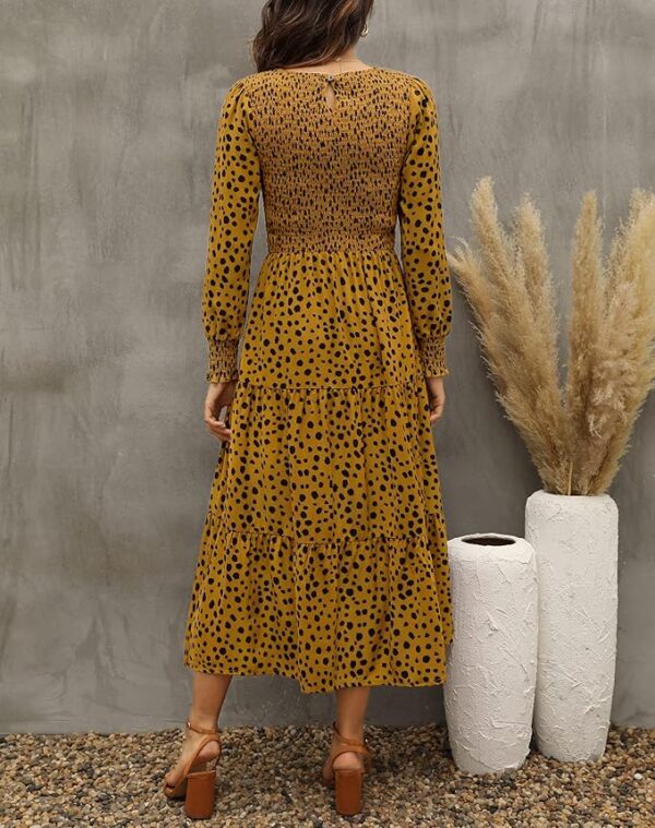Zattcas Womens Fall Dresses 2025 Casual Long Sleeve Smocked Boho Floral Tiered Midi Wedding Guest Dress with Pockets - Image 3