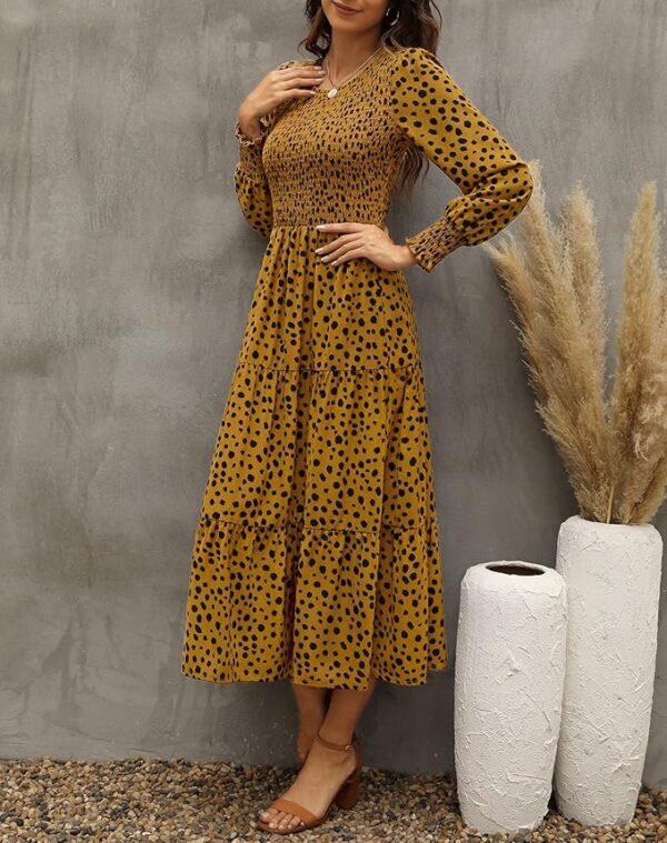 Zattcas Womens Fall Dresses 2025 Casual Long Sleeve Smocked Boho Floral Tiered Midi Wedding Guest Dress with Pockets - Image 2