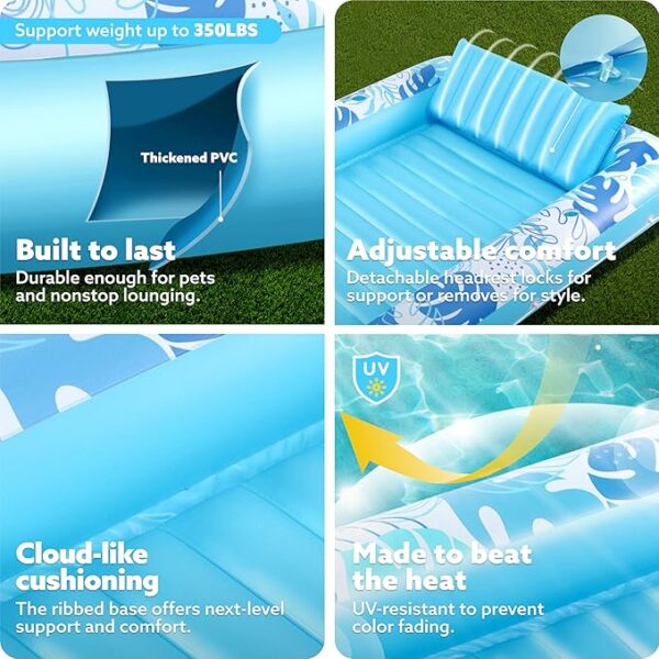 SLOOSH Inflatable Tanning Pool Lounger Float, 85" x 57" Extra Large Pool Floats Adult with Pillow, 4 in 1 Suntan Tub Raft Floatie,Sunbathing Bed Lounge for Water Blow Up Ball Pit Party Gifts, XL-Blue - Image 3