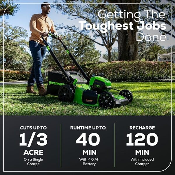 Greenworks 40V 20" Brushless Push Mower, 4.0Ah Battery (Aluminum Handles + Light) - Image 3