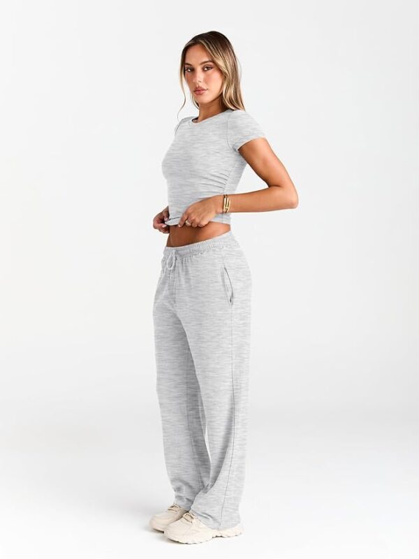 Trendy Queen 2 Piece Matching Summer Sweatsuit Lounge Set Womens Wide Leg Pants Side Ruching Crop Top Sets - Image 3