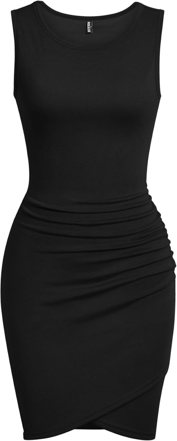 BTFBM Women 2025 Summer Sleeveless Tank Dresses Crew Neck Slim Fit Short Casual Ruched Bodycon Party Club Mini Dress - Image 2