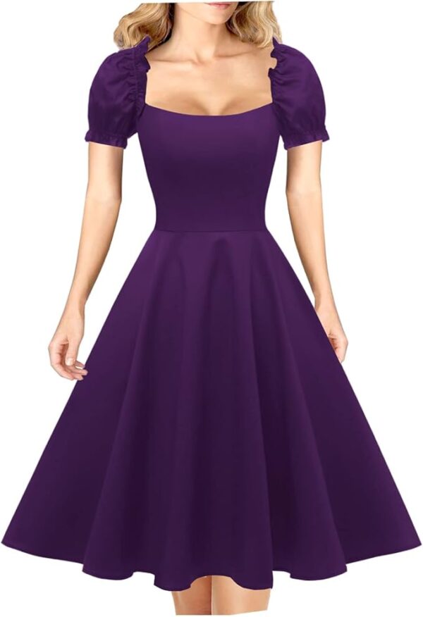 Hanpceirs Women's Puff Short Sleeve 1950s Party Dresses Square Neck Aline Dress with Pockets