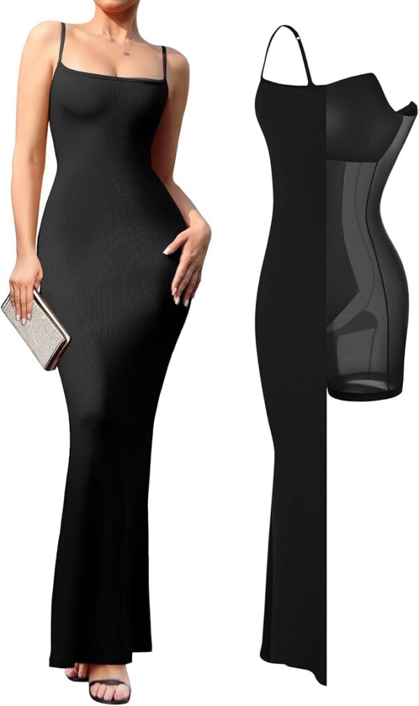 Popilush Summer Maxi Dress for Women - Cocktail Shapewear Dresses Built-in Bra Adjustable Straps Vacation Long Slip