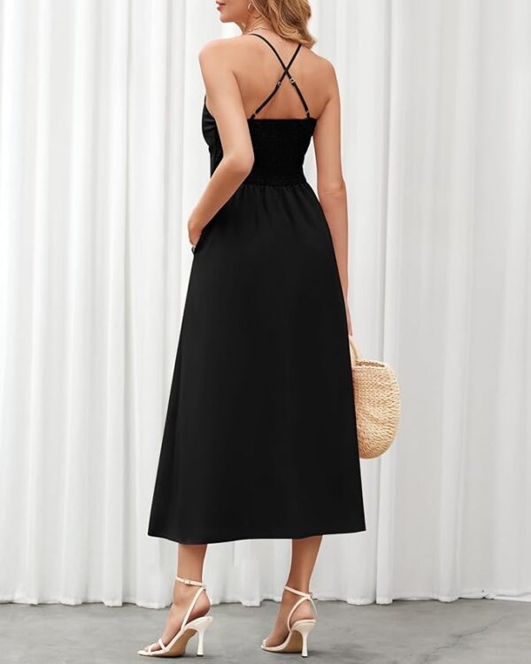 BTFBM Women 2025 Summer Spaghetti Strap Midi Dress Sleeveless V Neck Cutout Slit Casual Beach Party Maxi Dresses Pockets - Image 2