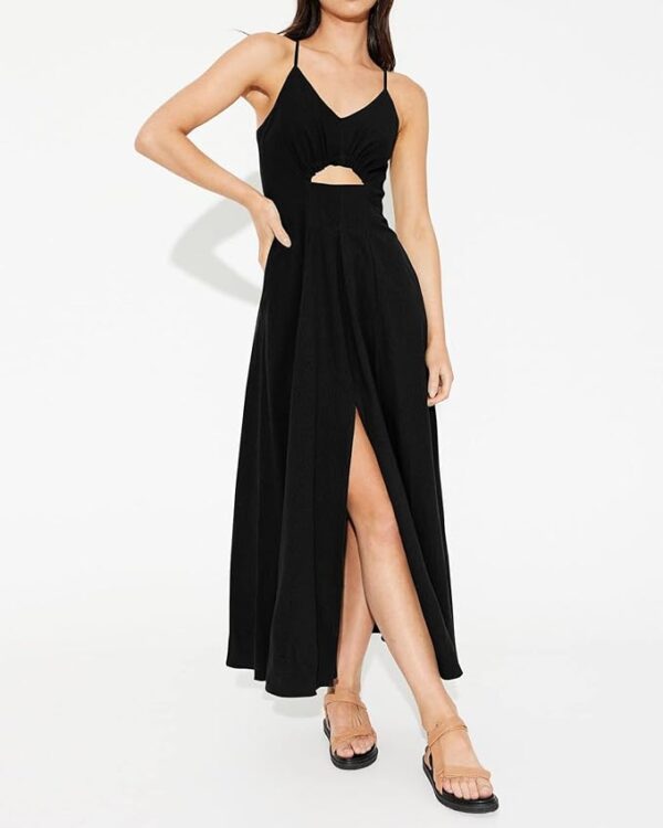 BTFBM Women 2025 Summer Spaghetti Strap Midi Dress Sleeveless V Neck Cutout Slit Casual Beach Party Maxi Dresses Pockets - Image 6