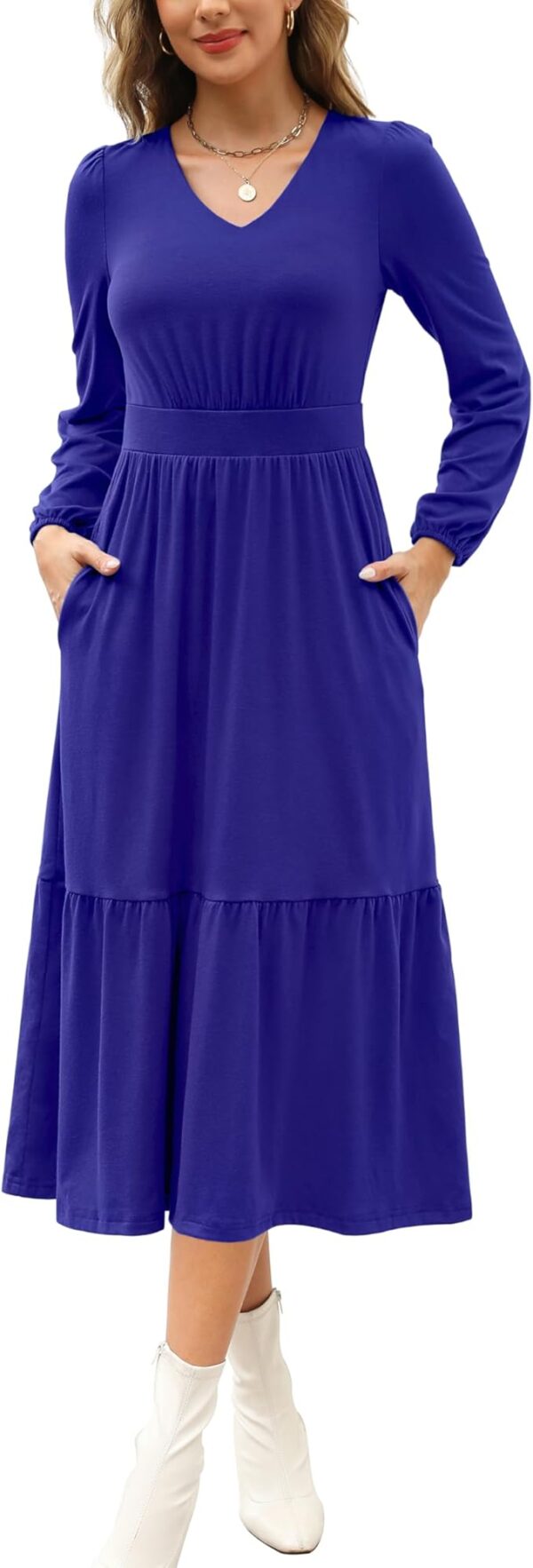 Kranda Women 2025 Fall Spring Puff Long Sleeve V Neck Causal Flowy Pleated Ruffle Tiered Midi Dress with Pockets