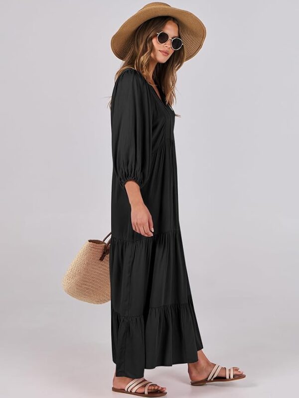 ANRABESS Womens Boho Maxi Dresses 2025 Summer V Neck Puff Sleeve Floral Flowy Swing Casual Long Dress - Image 6
