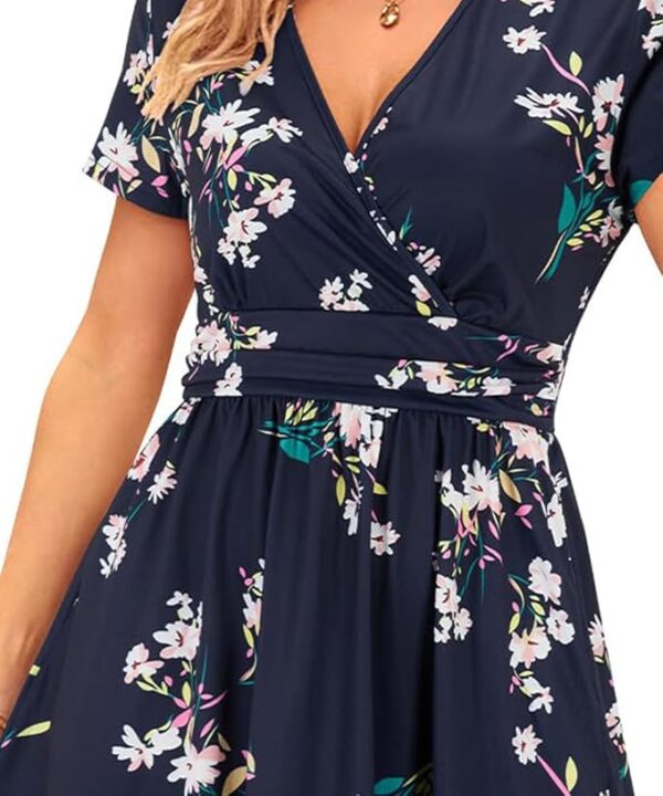 OUGES Women's Summer Short Sleeve V-Neck Floral Short Party Dress with Pockets