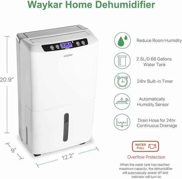 Waykar 2000 Sq. Ft Dehumidifier for Home and Basements, with Auto or Manual Drainage, 0.66 Gallon Water Tank Capacity - Image 6