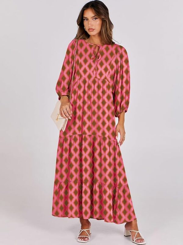 ANRABESS Womens Boho Maxi Dresses 2025 Summer V Neck Puff Sleeve Floral Flowy Swing Casual Long Dress - Image 2