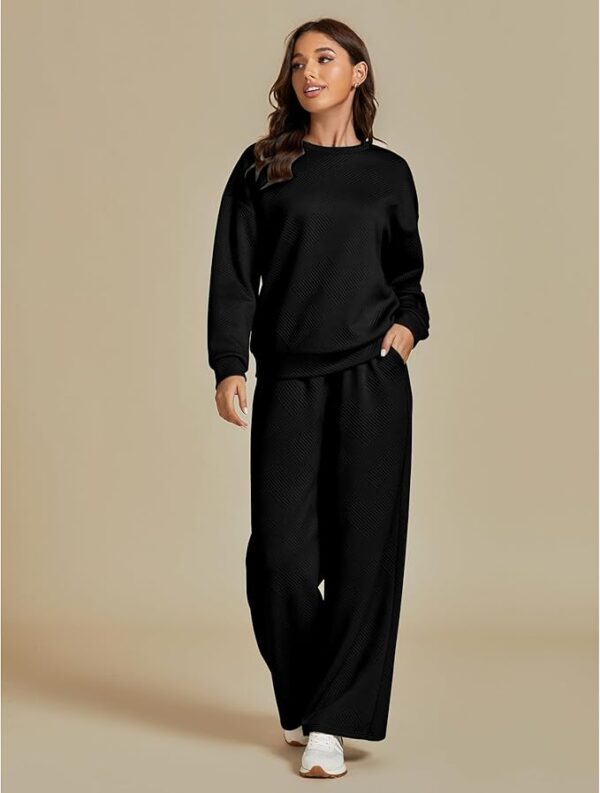 luvamia Lounge 2 Piece Sets for Women Texture Long Sleeve Pullover Pull On Wide Leg Pants Sweatsuit Loungewear Sweat Set - Image 3
