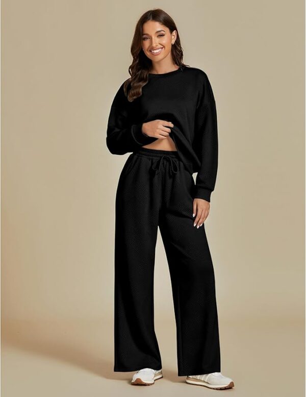 luvamia Lounge 2 Piece Sets for Women Texture Long Sleeve Pullover Pull On Wide Leg Pants Sweatsuit Loungewear Sweat Set - Image 4