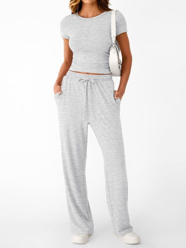 Trendy Queen 2 Piece Matching Summer Sweatsuit Lounge Set Womens Wide Leg Pants Side Ruching Crop Top Sets - Image 4