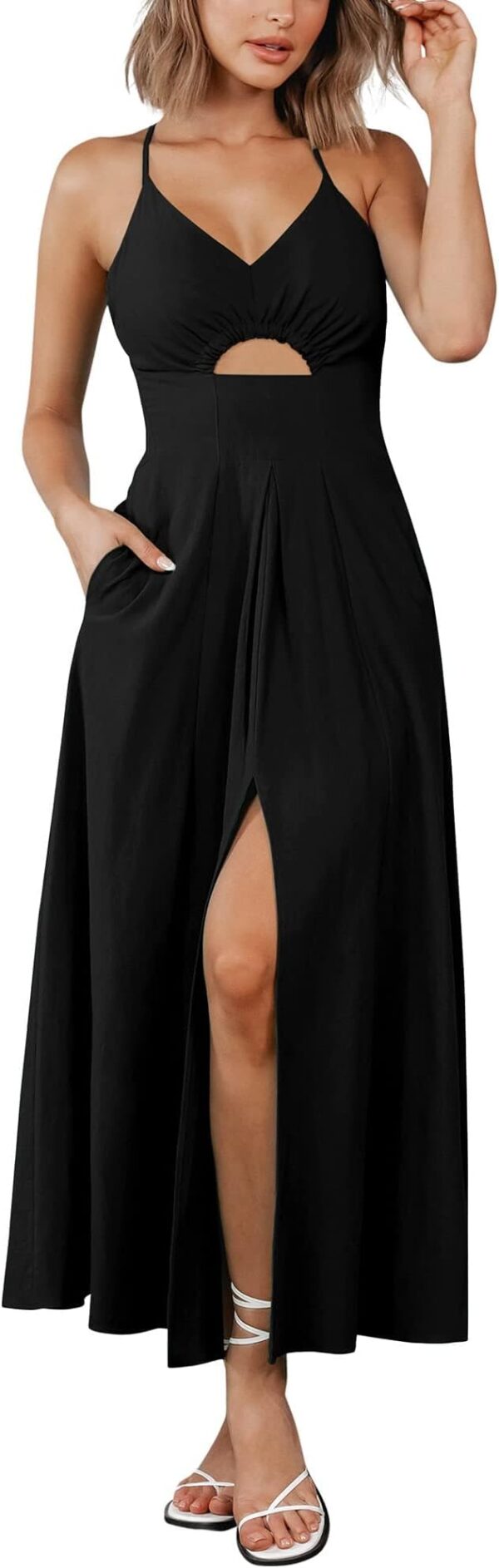 BTFBM Women 2025 Summer Spaghetti Strap Midi Dress Sleeveless V Neck Cutout Slit Casual Beach Party Maxi Dresses Pockets