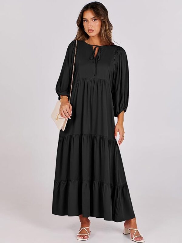 ANRABESS Womens Boho Maxi Dresses 2025 Summer V Neck Puff Sleeve Floral Flowy Swing Casual Long Dress - Image 4