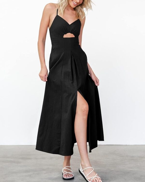 BTFBM Women 2025 Summer Spaghetti Strap Midi Dress Sleeveless V Neck Cutout Slit Casual Beach Party Maxi Dresses Pockets - Image 5