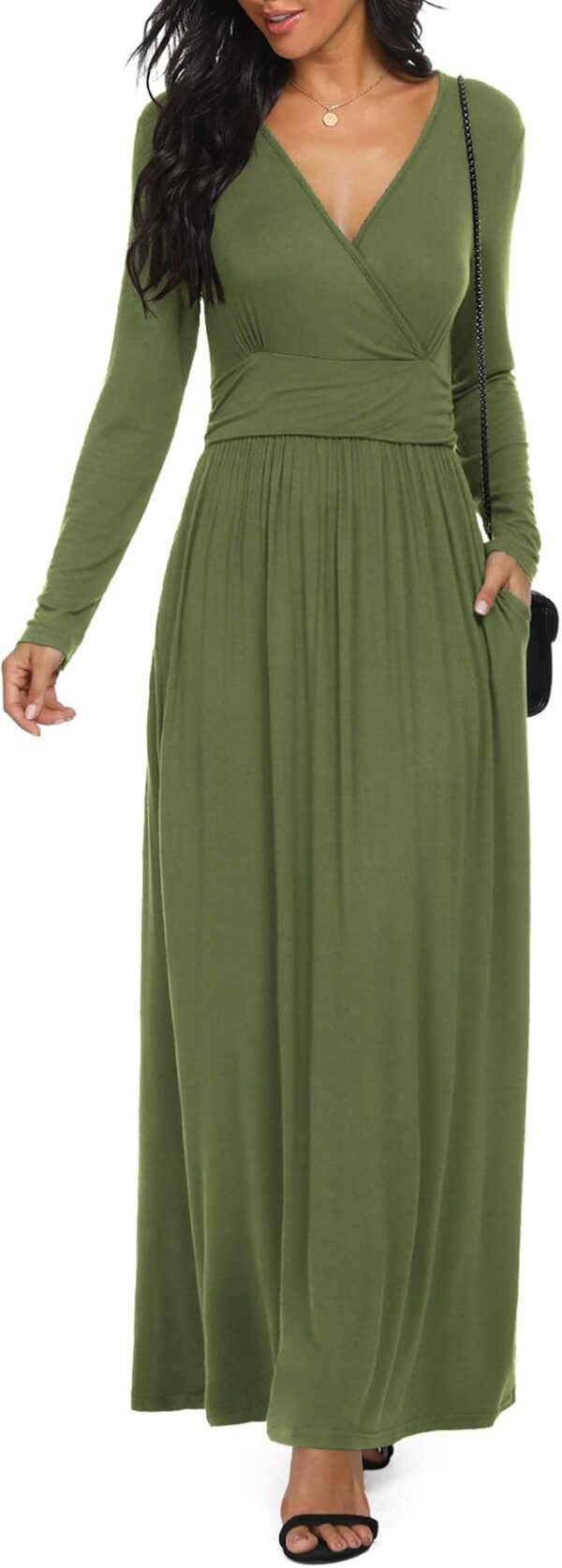 LILBETTER Women Long Sleeve Deep V Neck Loose Plain Long Maxi Casual Dress