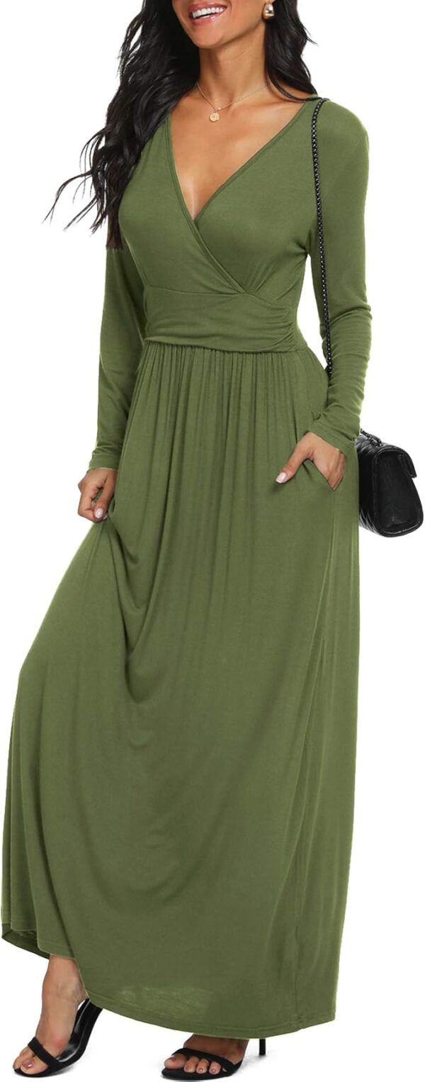 LILBETTER Women Long Sleeve Deep V Neck Loose Plain Long Maxi Casual Dress - Image 3