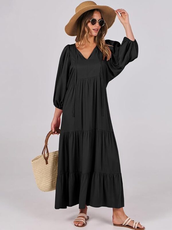 ANRABESS Womens Boho Maxi Dresses 2025 Summer V Neck Puff Sleeve Floral Flowy Swing Casual Long Dress - Image 3