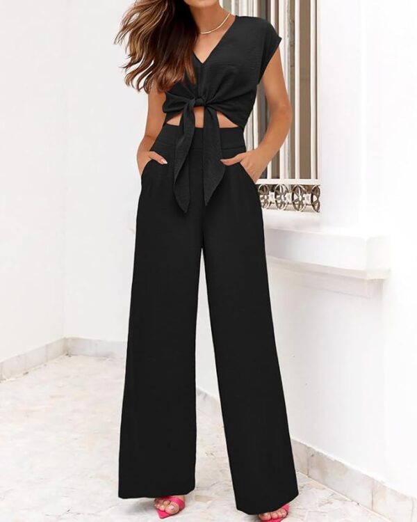PRETTYGARDEN Women's Summer 2 Piece Outfits 2025 Cap Sleeve V Neck Belted Crop Tops Wide Leg Pant Sets Casual Tracksuit - Image 4