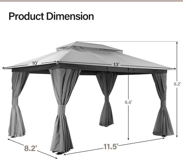 LAUSAINT HOME Outdoor Patio Gazebo 10'x13' with Expansion Bolts, Heavy Duty Party Tent & Shelter with Double Roofs, Mosquito Nettings and Privacy Screens for Backyard, Garden, Lawn, Smoke Grey - Image 3