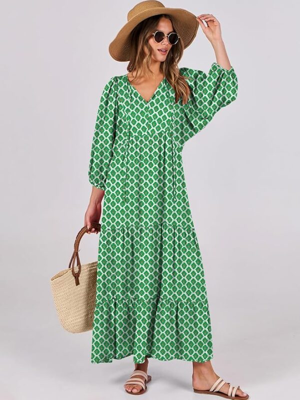 ANRABESS Womens Boho Maxi Dresses 2025 Summer V Neck Puff Sleeve Floral Flowy Swing Casual Long Dress - Image 3