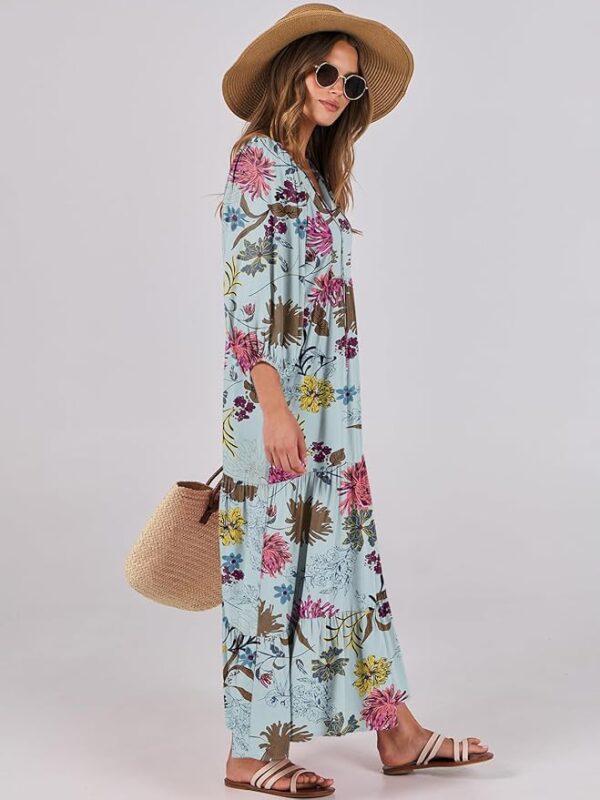 ANRABESS Womens Boho Maxi Dresses 2025 Summer V Neck Puff Sleeve Floral Flowy Swing Casual Long Dress - Image 5