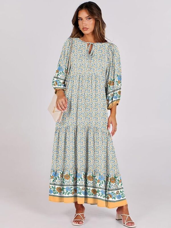 ANRABESS Womens Boho Maxi Dresses 2025 Summer V Neck Puff Sleeve Floral Flowy Swing Casual Long Dress - Image 5