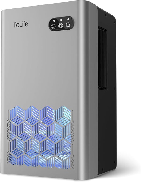 ToLife Dehumidifiers for Home 95 OZ Water Tank, 1000 sq.ft Dehumidifier for Basement Bedroom Bathroom with Auto Shut Off 7 Colors LED Light, Silver