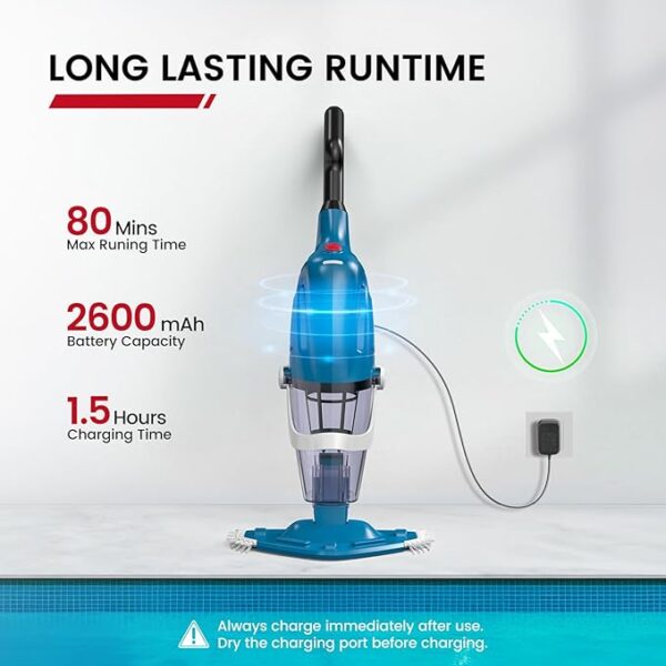 Pool Vacuum for Above Ground Pool, 2025 Upgraded Pool Vacuum with A Telescopic Pole, 18.5 Gal/Min Powerful Suction, 80Mins Runtime, Effortlessly Cleans Debris Underwater (Blue) - Image 6