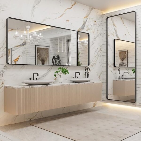 LOAAO 84x32 Inch Black Metal Framed Bathroom Mirror for Wall, Matte Black Bathroom Vanity Mirror Farmhouse, Large Rounded Rectangle Mirror, Anti-Rust, Tempered Glass, Hangs Horizontally or Vertically - Image 5