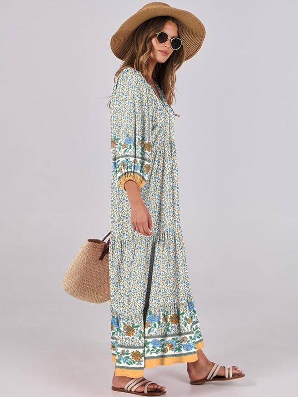 ANRABESS Womens Boho Maxi Dresses 2025 Summer V Neck Puff Sleeve Floral Flowy Swing Casual Long Dress - Image 6