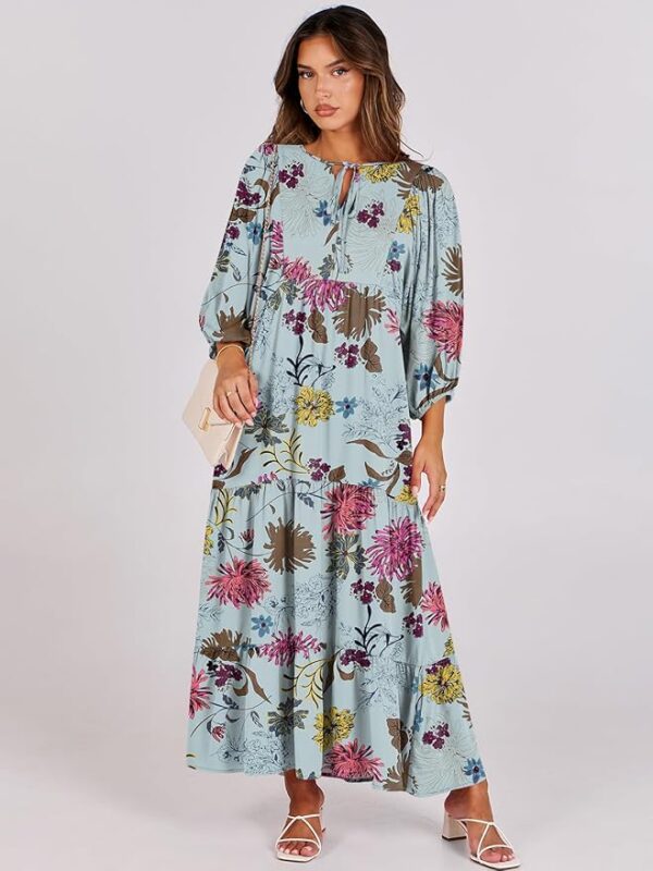 ANRABESS Womens Boho Maxi Dresses 2025 Summer V Neck Puff Sleeve Floral Flowy Swing Casual Long Dress - Image 6