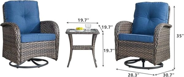 HUMMUH Outdoor Swivel Chairs,3 Pieces Patio Furniture Set with 360 Degree Wicker Swivel Rocking Chairs and Side Table for Garden,Porch,Backyard (Brown/Blue) - Image 6