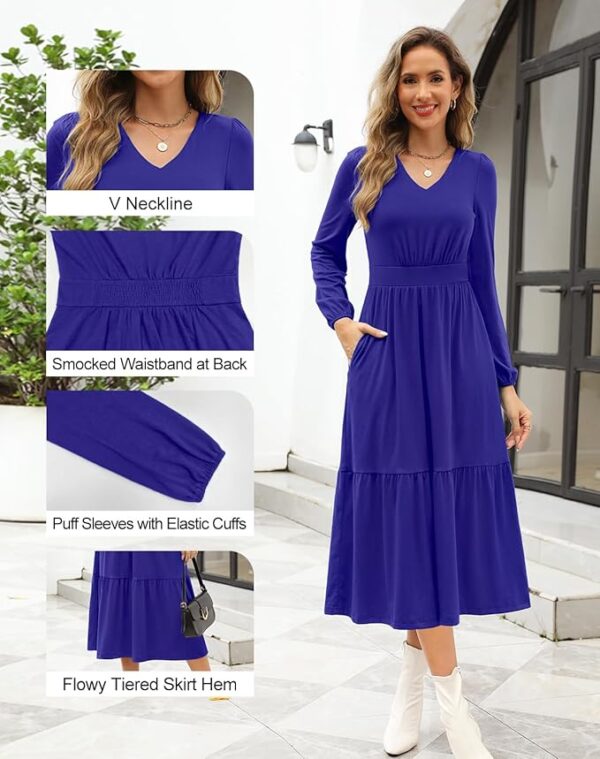 Kranda Women 2025 Fall Spring Puff Long Sleeve V Neck Causal Flowy Pleated Ruffle Tiered Midi Dress with Pockets - Image 2