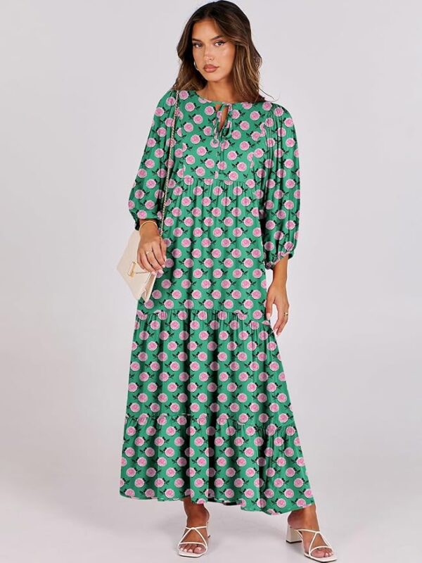 ANRABESS Womens Boho Maxi Dresses 2025 Summer V Neck Puff Sleeve Floral Flowy Swing Casual Long Dress - Image 2