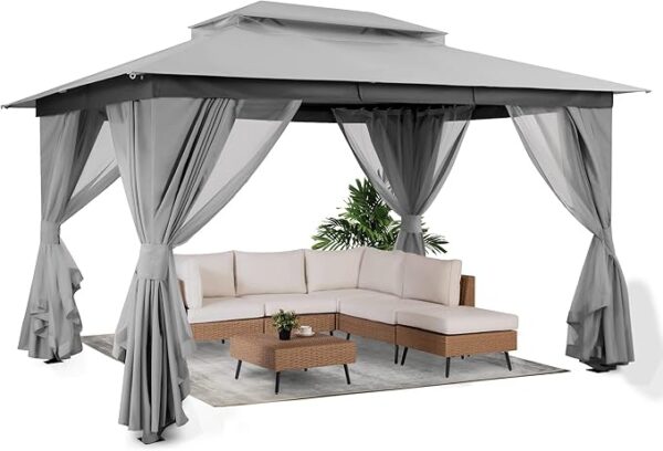 LAUSAINT HOME Outdoor Patio Gazebo 10'x13' with Expansion Bolts, Heavy Duty Party Tent & Shelter with Double Roofs, Mosquito Nettings and Privacy Screens for Backyard, Garden, Lawn, Smoke Grey - Image 4