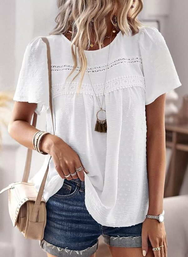Womens Summer Tops Crewneck Short Sleeve Shirts Casual Chiffon Blouses Flowy Lace Hem Boho Clothing Trendy 2025 - Image 2