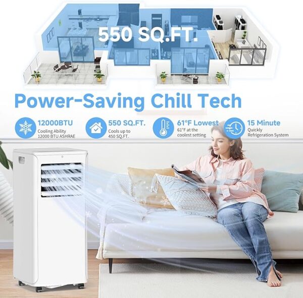 12,000 BTU Portable Air Conditioner - 3-in-1 AC/Dehumidifier/Fan for Rooms Up to 550 Sq.Ft, with 24H Timer, Remote Control & Easy-Install Window Kit, White - Image 6